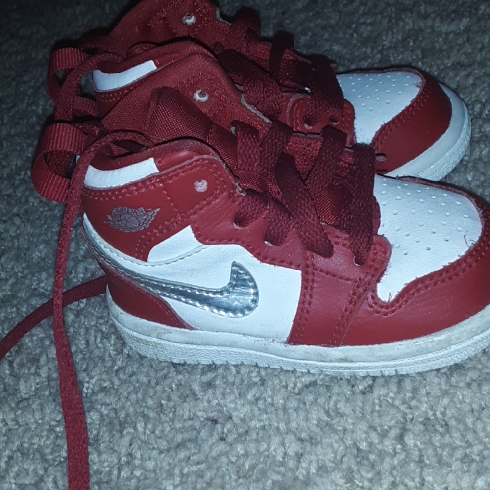Shoes 1c toddler red silver white jordan 1s